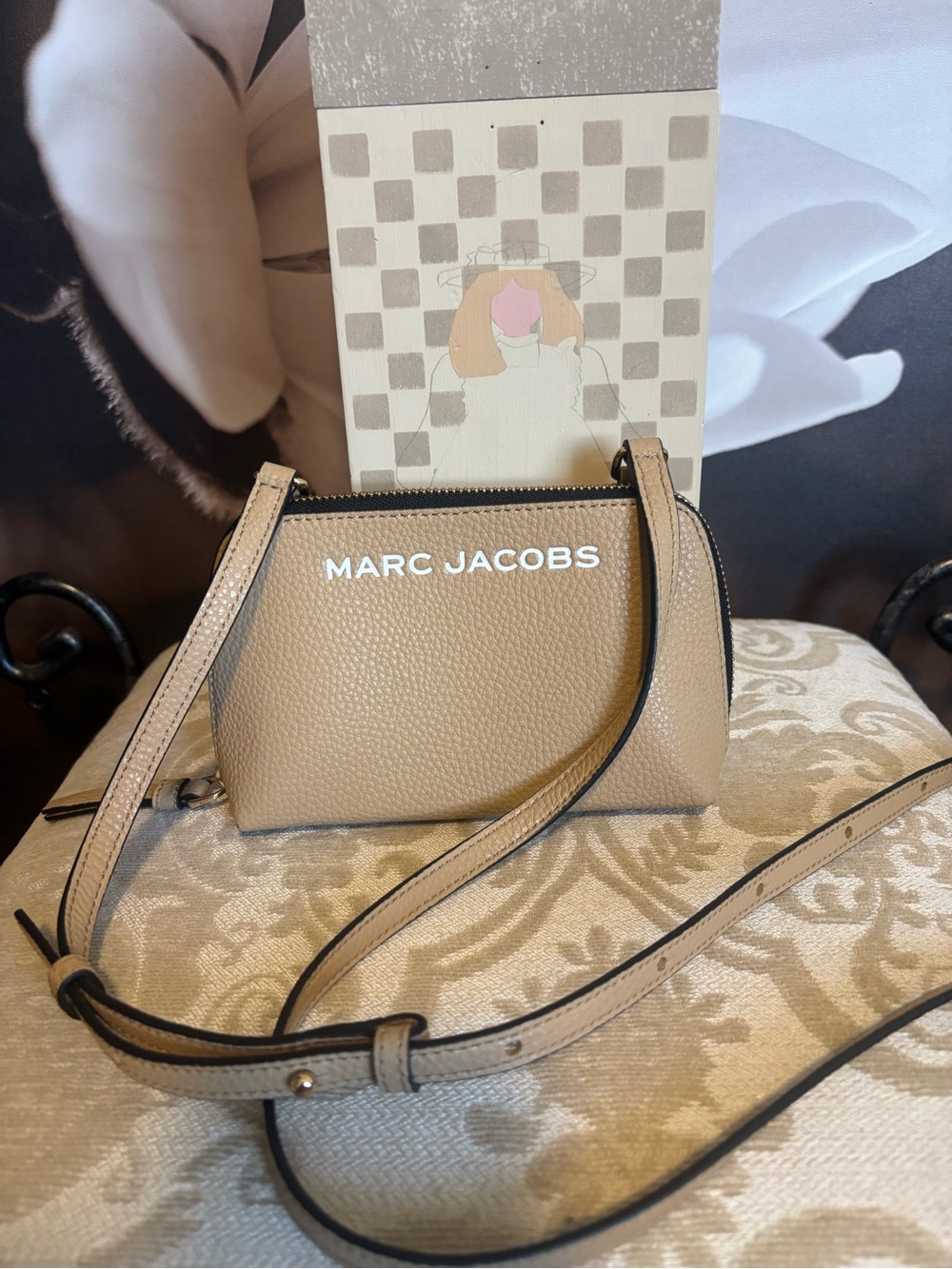 Marc Jacobs Tan Pebbled Leather Mini Crossbody Bag with Silver Logo